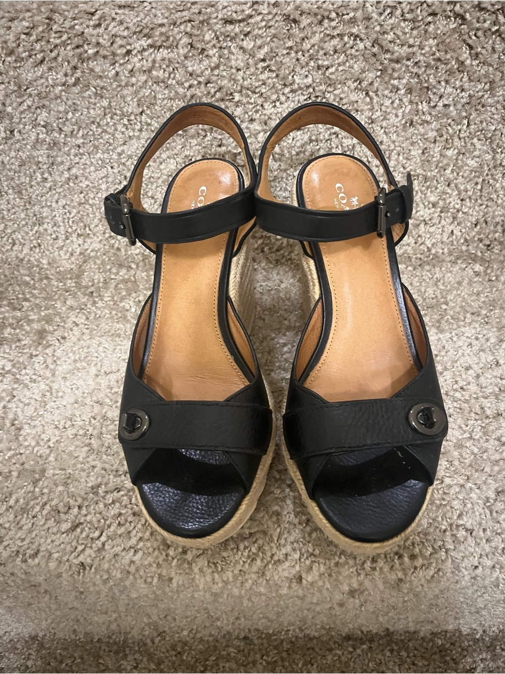 Coach Black and Tan Leather Wedge Sandals